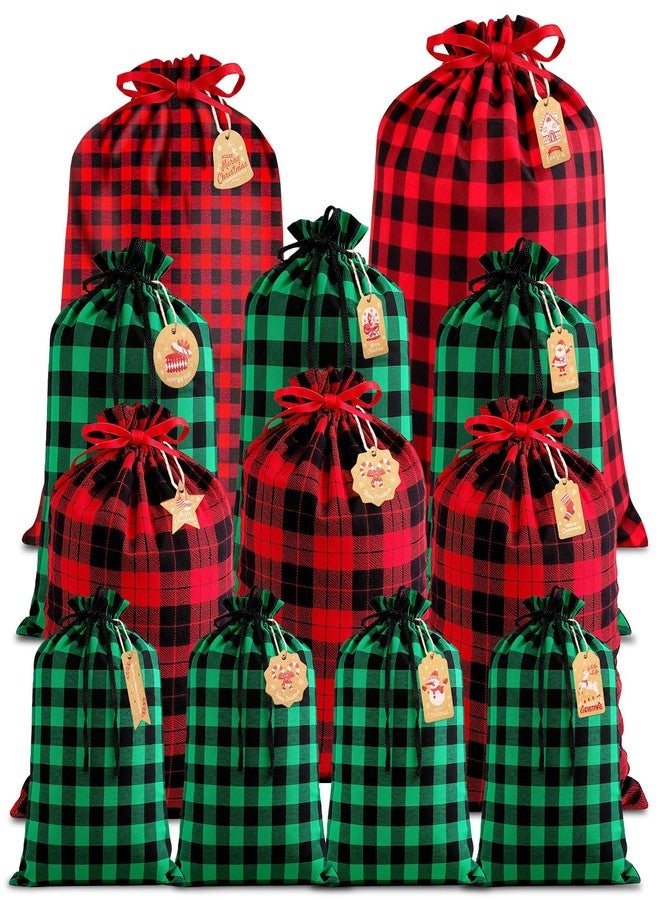 EggSun 12Pcs Christmas Drawstring Bags, Cotton Xmas Buffalo Plaid Sacks with 5Sizes, Red Green Wrapping Storage Bags with Kraft Tags for Christmas Reusable Gift Holiday Party Favors - Image 1